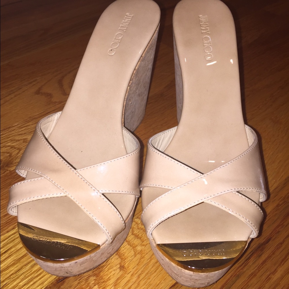 Jimmy Choo Nude Wedges with Gold Accents